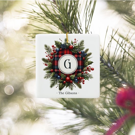 Vintages Tartan Monogram Foto Holiday Keramikornament