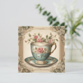 Vintages TeaCup Blumenkohl Brautparty Party Einladung (Stehend Vorderseite)