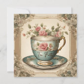 Vintages TeaCup Blumenkohl Brautparty Party Einladung (Vorderseite)