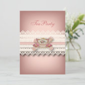 Vintages Tee-Party in Rosa Einladung (Stehend Vorderseite)