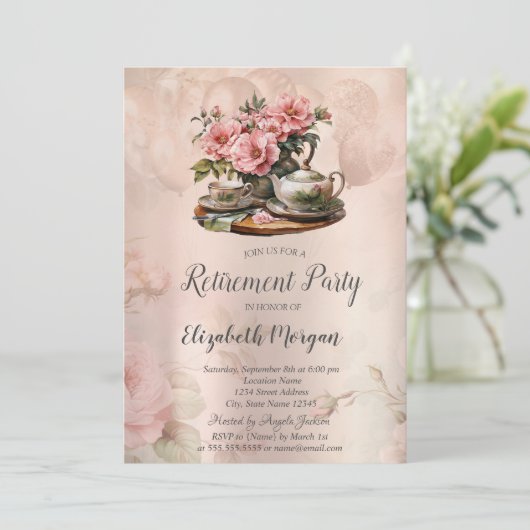 Vintages Tee-Set Blumenversorgung Einladung (Stehend Vorderseite)