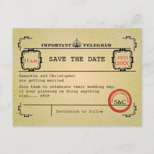 Vintages Telegramm, das Save the Date wedding ist Ankündigungspostkarte