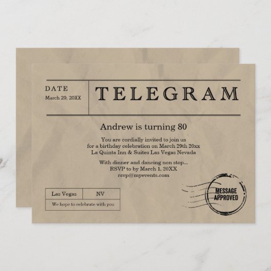 Vintages Telegramm Einladung (Vorne/Hinten)