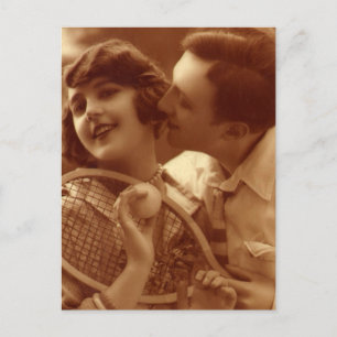 Vintages Tennis, Liebe und Romantik Postkarte