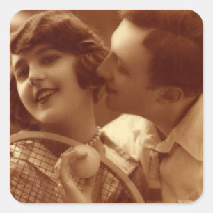 Vintages Tennis, Liebe und Romantik Quadratischer Aufkleber