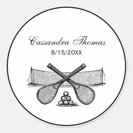 Vintages Tennisnetz, überquerte Racquets, Bälle Runder Aufkleber (Vorderseite)