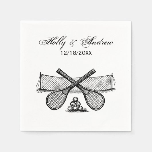 Vintages Tennisnetz, überquerte Racquets, Bälle Serviette (Vorderseite)