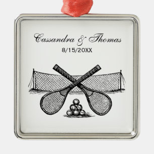 Vintages Tennisnetz, überquerte Racquets, Bälle Silbernes Ornament