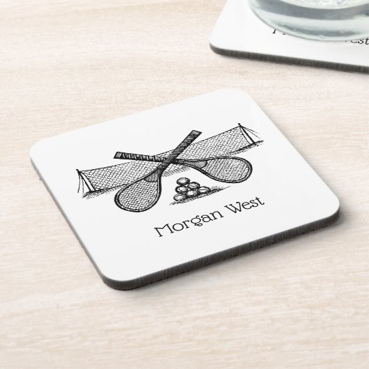 Vintages Tennisnetz, überquerte Racquets, Bälle Untersetzer (Linke Seite)