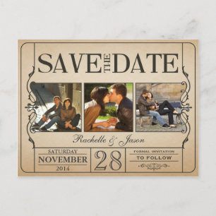 Vintages Ticket Save the Date — 3 Bilder 2.0 Ankündigungspostkarte