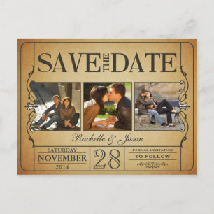 Vintages Ticket Save the Date — 3 Bilder Ankündigungspostkarte
