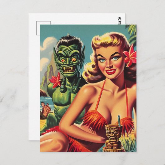 Vintages Tiki-Button hoch Postkarte (Vorne/Hinten)