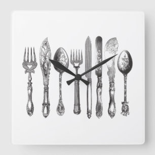 Vintages Tischbesteck-Schwarz-weiße Quadratische Wanduhr