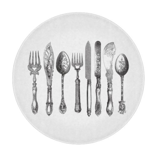 Vintages Tischbesteck-Schwarz-weiße Schneidebrett (Vorderseite)