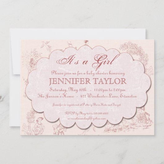 Vintages Toile Baby-Duschen-Einladungs-Rosa Einladung (Vorderseite)