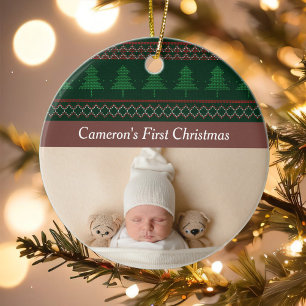 Vintages Tree Pattern Baby's First Christmas Foto Keramik Ornament