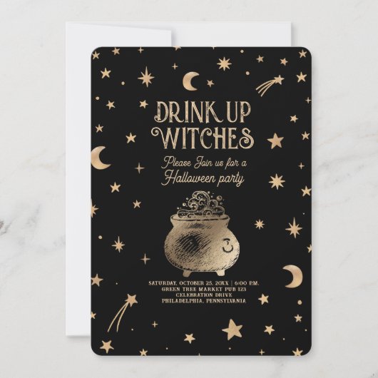 Vintages Trinkhexen Celestial Halloween-Party Einladung (Vorderseite)