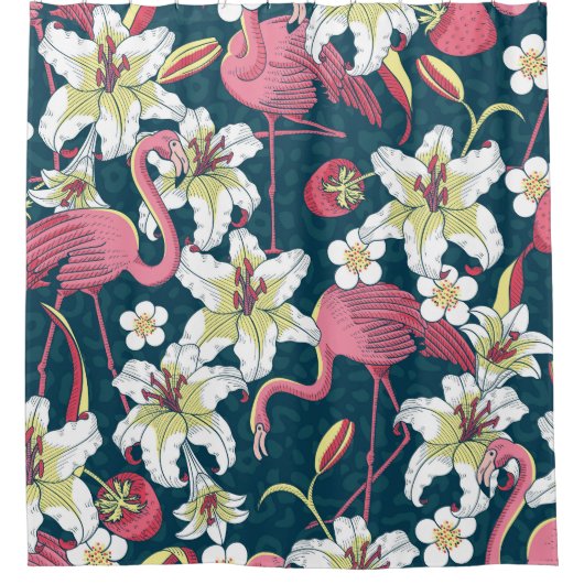 Vintages tropisches Flamingoes Lilies Pattern Duschvorhang (Vorderseite)