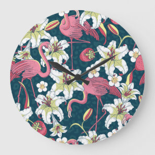 Vintages tropisches Flamingoes Lilies Pattern Große Wanduhr