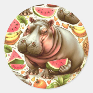 Vintages tropisches Hippopotamusmuster Runder Aufkleber