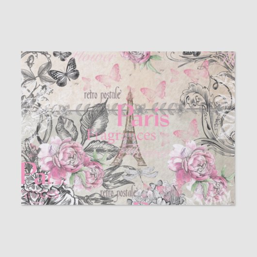 Vintages Typoschwarzrosa Blumenturm paris Eiffel Seidenpapier (Vorderseite)