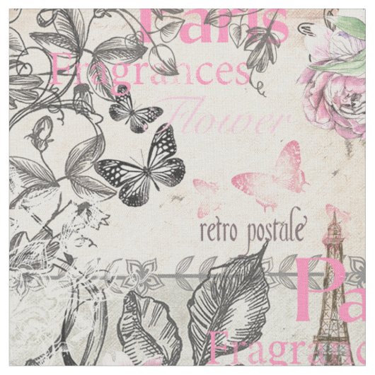 Vintages Typoschwarzrosa Blumenturm paris Eiffel Stoff (Nahaufnahme)