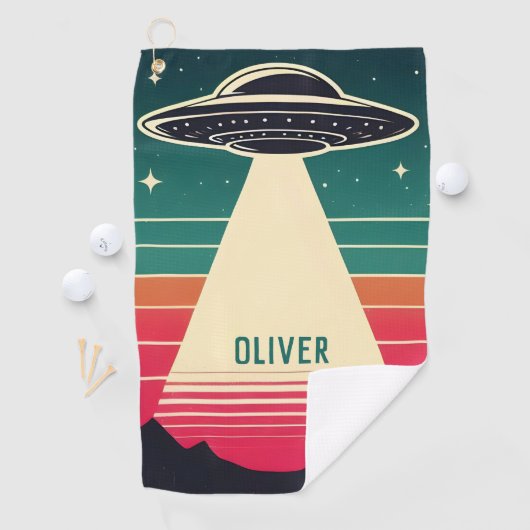 Vintages UFO bei Sonnenuntergang Personalisiert Golfhandtuch (Insitu)