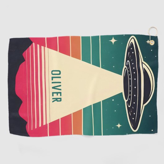 Vintages UFO bei Sonnenuntergang Personalisiert Golfhandtuch (Horizontal)