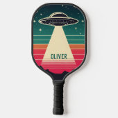 Vintages UFO bei Sonnenuntergang Personalisiert Pickleball Schläger (Rückseite)
