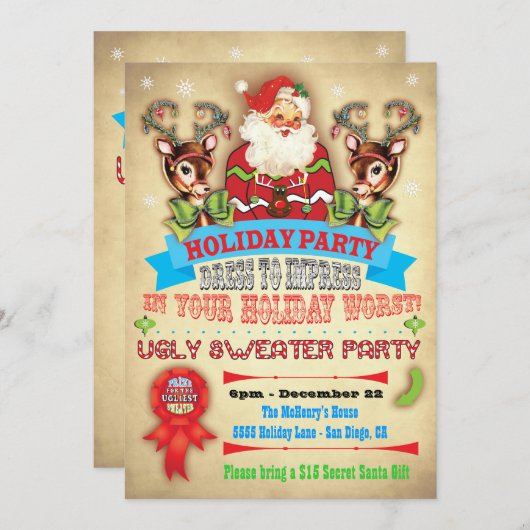 Vintages Ugly Sweater Weihnachts-Party-Poster lade Einladung (Vorne/Hinten)
