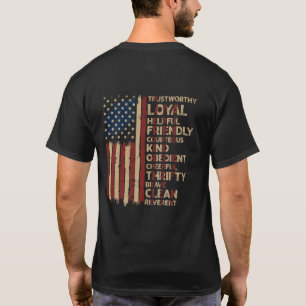 Vintages US-amerikanisches Flag-Pfadfindergesetz T-Shirt