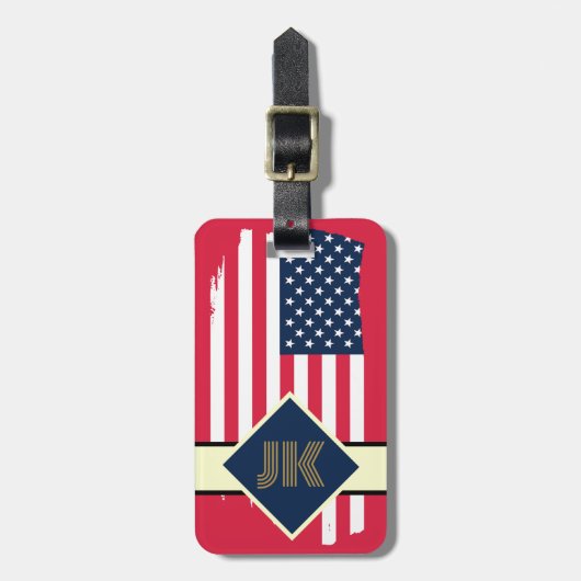 Vintages US-Flaggenmonogramm personalisiert Gepäckanhänger (Vorderseite vertikal)
