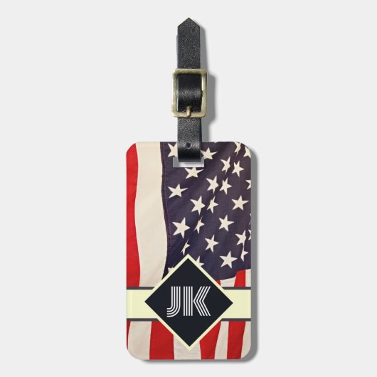 Vintages US-Flaggenmonogramm personalisiert Gepäckanhänger (Vorderseite vertikal)