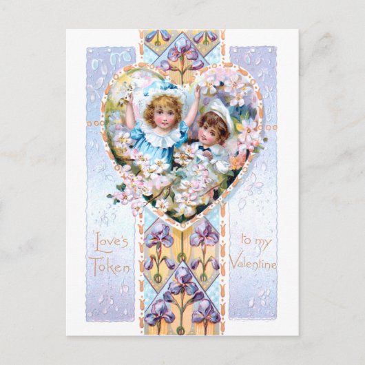 Vintages Valentin mit Kindern und Lila Iris Postkarte (Vorderseite)