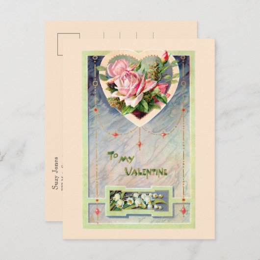 Vintages Valentin mit rosa Rosen Postkarte (Vorne/Hinten)