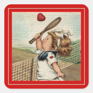 Vintages Valentine ~ Mädchen, das Tennis-Aufklebe Quadratischer Aufkleber