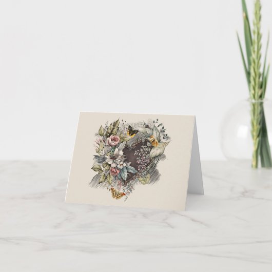 Vintages Valentinherz, Blume, Schmetterlinge Feiertagskarte (Vorderseite)