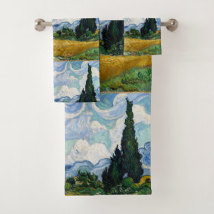 Vintages Van Gogh-Weizenfeld mit Zypressen Badhandtuch Set