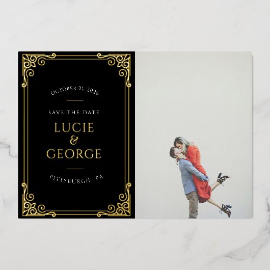 Vintages Verziertes Frame Foto Save the Date Folieneinladung (Vorderseite)