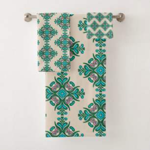 Vintages Verziertes Jugendstil-Muster Grün Blau Badhandtuch Set