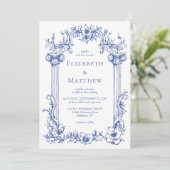 Vintages Viktorianisches botanisches Blau Einladung (Stehend Vorderseite)