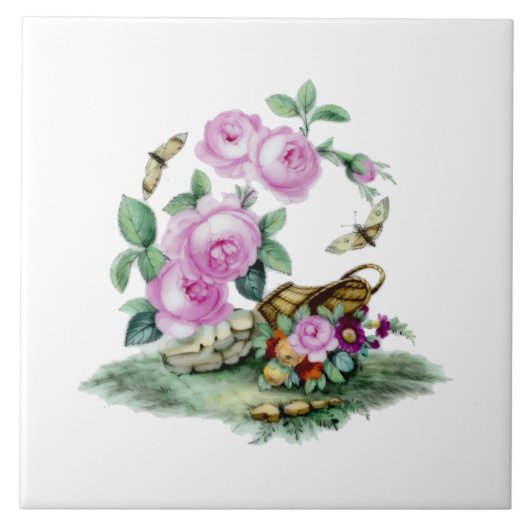 Vintages Viktorianisches Era-Blume-Körbchen Fliese (Vorderseite)