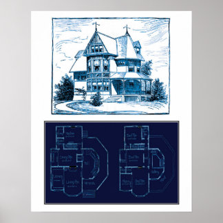 Vintages Viktorianisches Haus Blueprint Poster