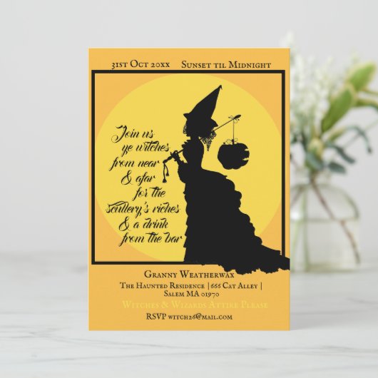 Vintages Viktorianisches Hexenpoetisches Halloween Einladung (Stehend Vorderseite)