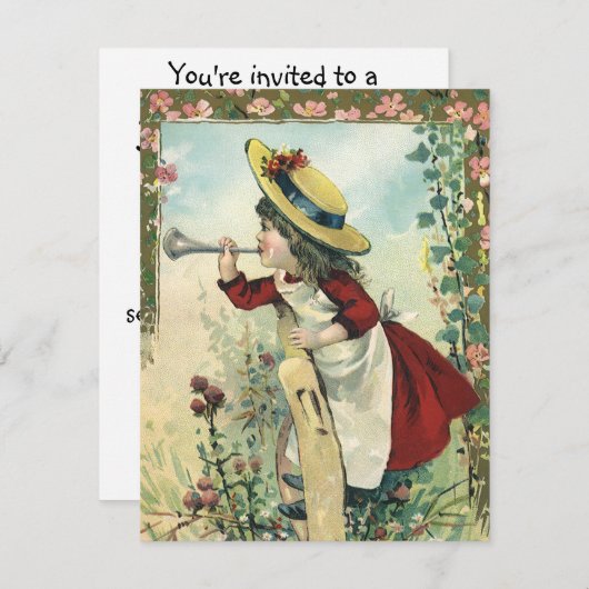 Vintages Viktorianisches Kind, Girl Bugle Geburtst Einladung (Vorne/Hinten)