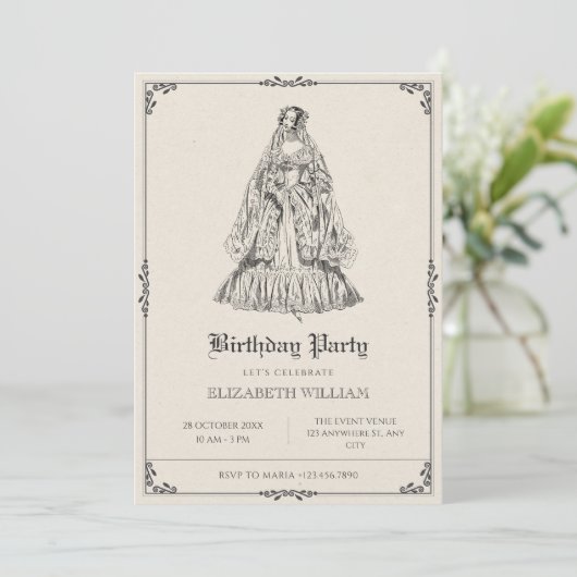 Vintages viktorianisches Kleid Geburtstag Einladung (Stehend Vorderseite)