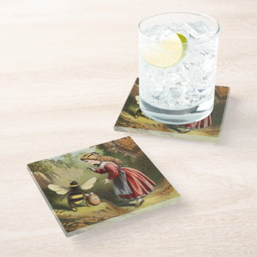 Vintages Viktorianisches Mädchen spricht mit Humme Glasuntersetzer (Schrägansicht)