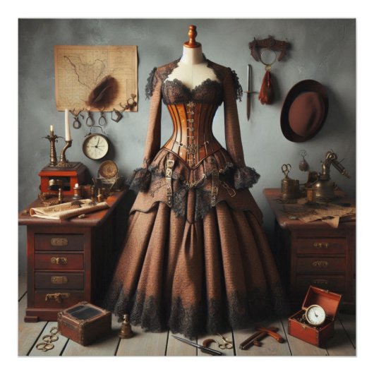 Vintages Viktorianisches Steampunk Lady Detry Dres Fotodruck (Vorne)