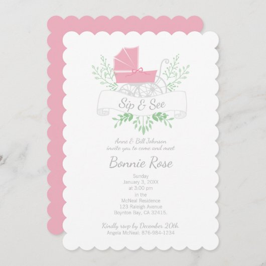 Vintages Wagenmädchen SIP & SEE Einladung (Vorne/Hinten)