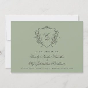 Vintages Wappen mit Blumenbezug auf dem Olive Mono Save The Date